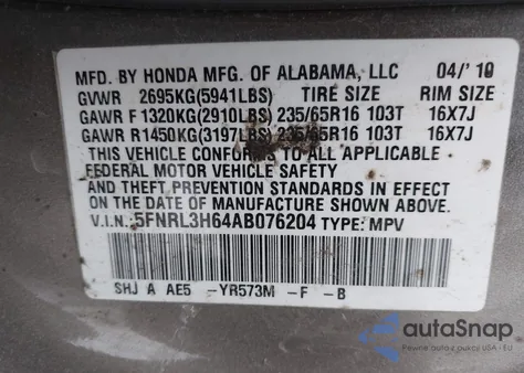 2010 Honda Odyssey Ex-L z USA, uszkodzony, nr VIN 5FNRL3H64AB076204